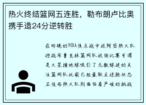 热火终结篮网五连胜，勒布朗卢比奥携手造24分逆转胜